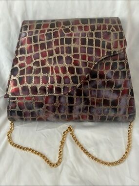 NWT Bellini Leather Astro Metallic Red Croc-Embossed with gold Chain Bag/Clutch